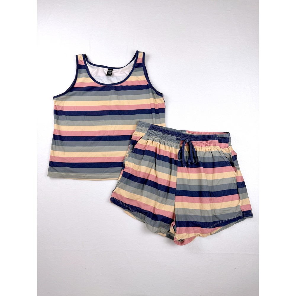 POP Fit x Cheek Boss Pajama Set Womens Large Striped Tank Shorts 2 Piece
